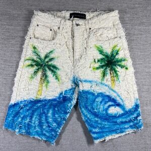 Who Decides War MRDR BRVDO Distressed Palm Tree Shorts Men 30 Cream Blue Graphic